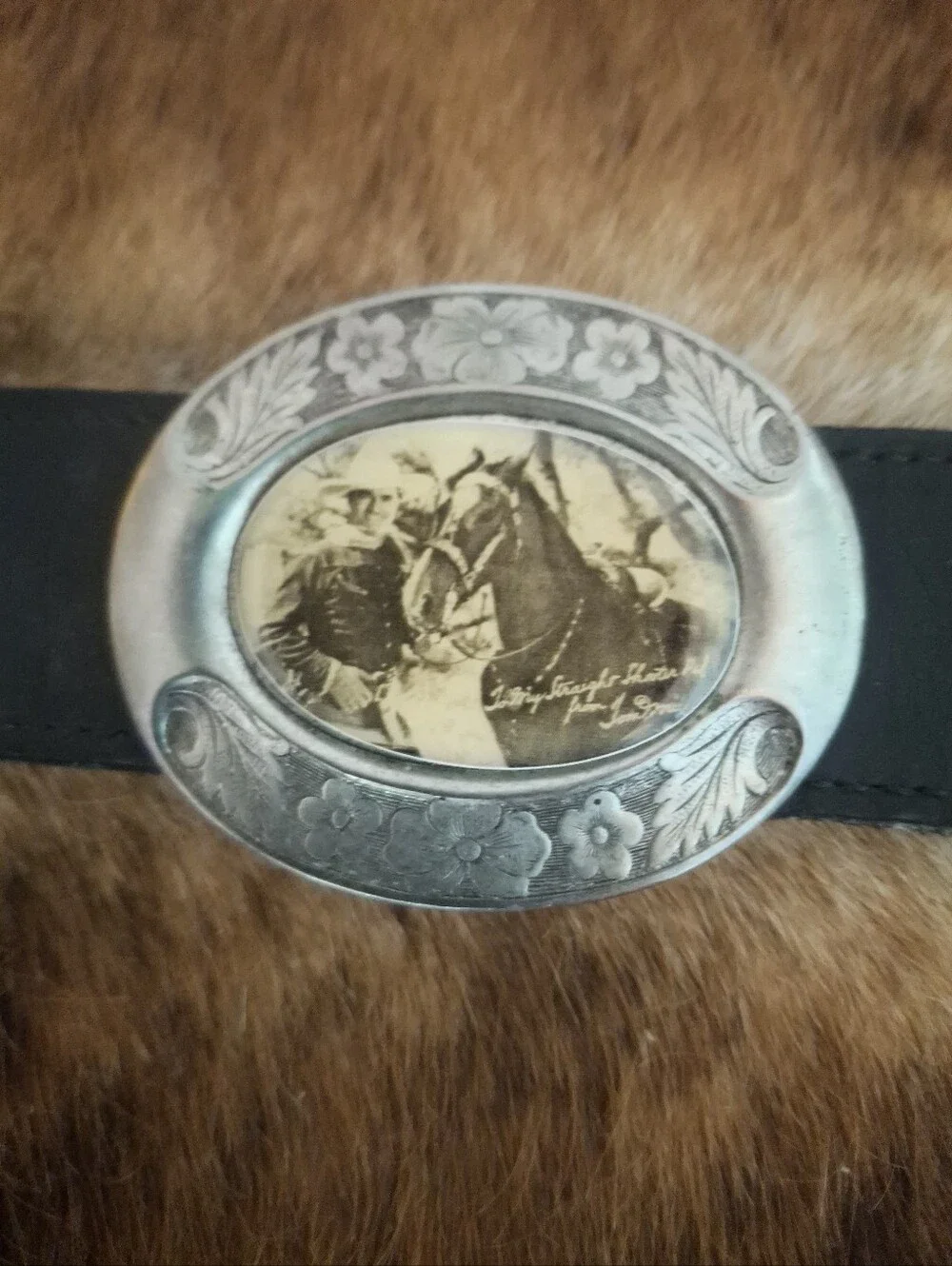 *RARE* Vintage Black Leather Belt with Western Actor Portrait Conchos
